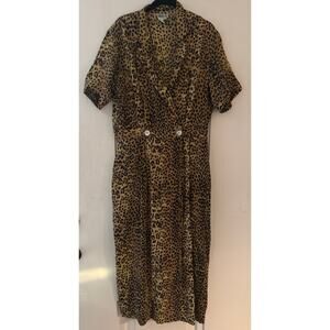 Vintage Robbie Bee Silk Midi Dress - Black / tan / gold Animal Print, Size 12